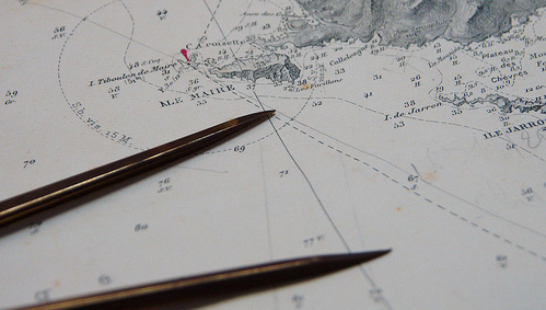 Carta navegación, mapa, lápiz
