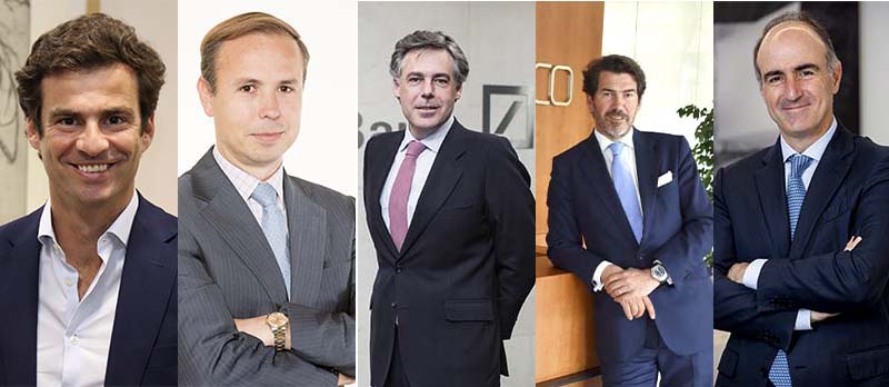 Joaquín Calvo-Sotelo (Bankinter), José de Alarcón (Andbank España), Borja Martos (Deutsche Bank España), José María Ferrer (Renta 4 Wealth) y Alberto Rodríguez-Fraile (A&G Banca Privada)
