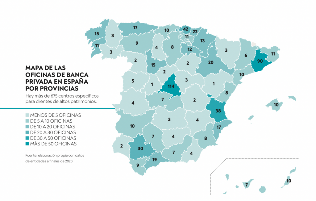 Mapa de oficinas de banca privada en España por provincias.