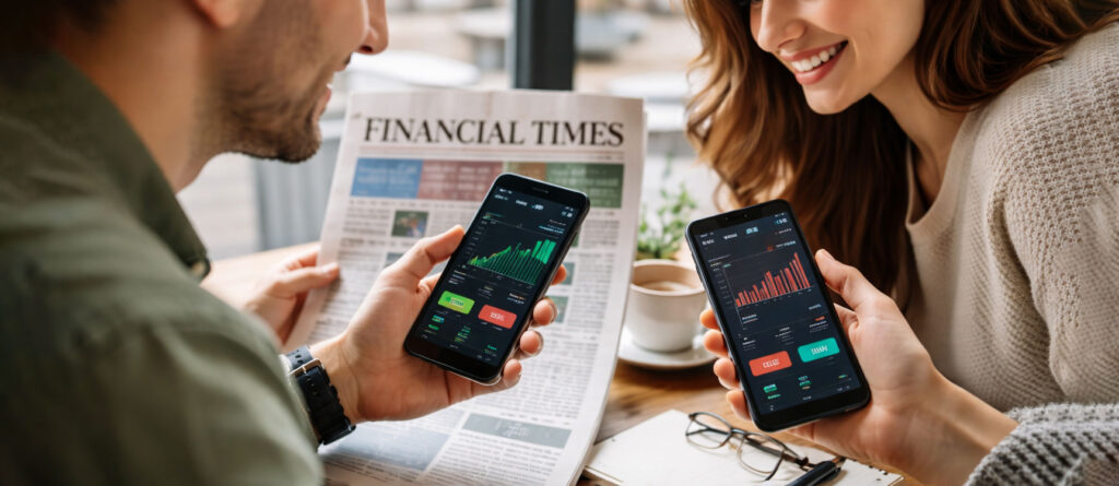 Pareja joven en cafe revisando acciones