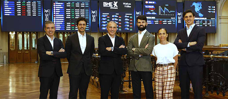 Oscar Rodriguez (FundsPeople), Miguel Rego (FundsPeople), Enrique Castellanos (BME), Davide Pasimeni (FundsPeople), Esther Tribaldos (BME) y Diego Lazaro (FundsPeople). Fonte FundsPeople